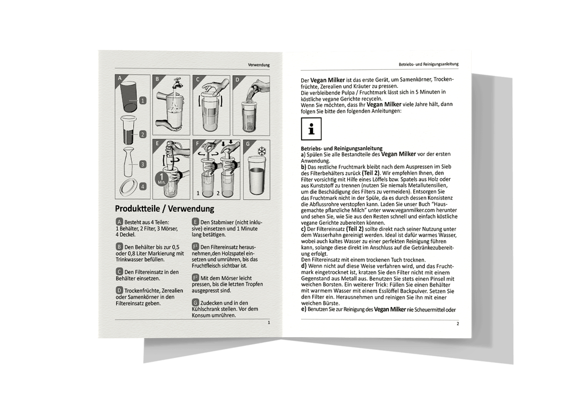 Diseño de manual de instrucciones Crofton Vegan Milker